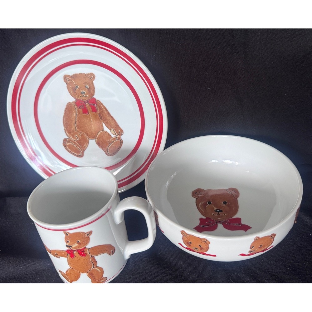 Curzon Teddy Bear 3 Piece Child Dinnerware Set Plate Bowl Mug Porcelain Nursery